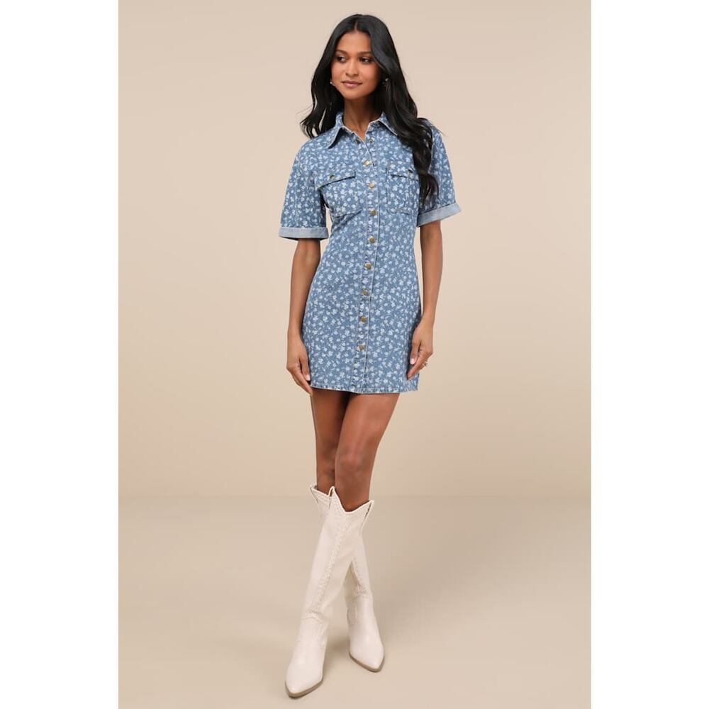 Lulu's Light Blue Floral Denim Button-Front Mini Dress
